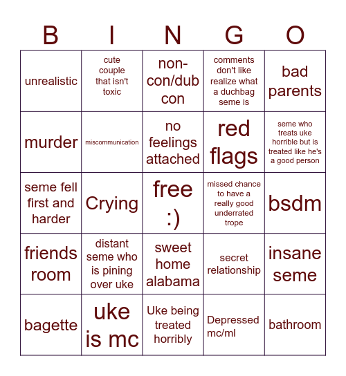 Yaoi Bingo Card