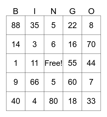 Multiplication Bingo Card