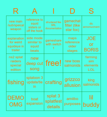 SPLATOON RAIDERS DIRECT BINGO Card