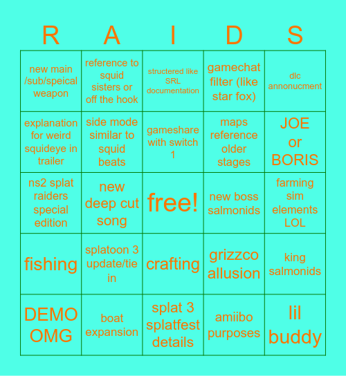 SPLATOON RAIDERS DIRECT BINGO Card