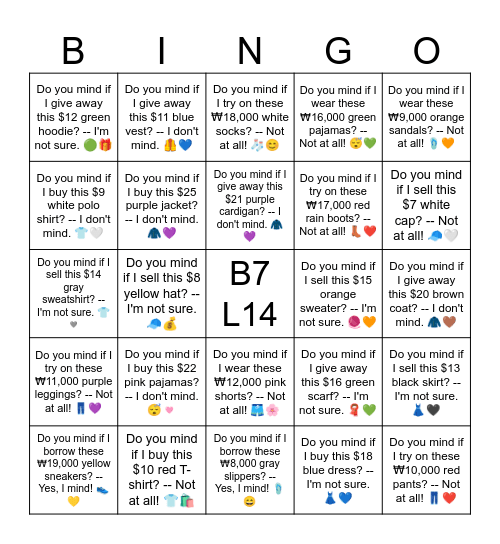 B7 L14 Do you mind if I buy this $10 red T-shirt? -- Not at all! 👕🛍️ Bingo Card