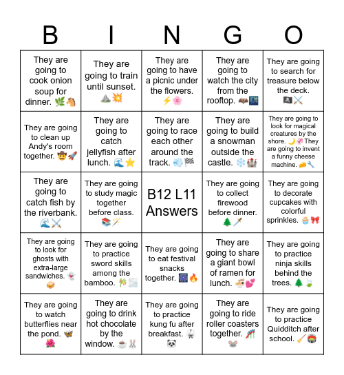 B12 L11 They are going to build a snowman outside the castle. ❄️🏰 Bingo Card