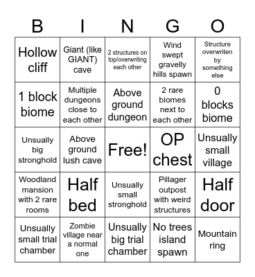 Minecraft seeds Bingo Card