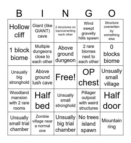 Minecraft seeds Bingo Card