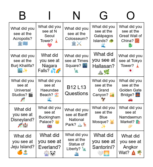 B12 L13 What did you see at Hallasan? ⛰️🌿 Bingo Card