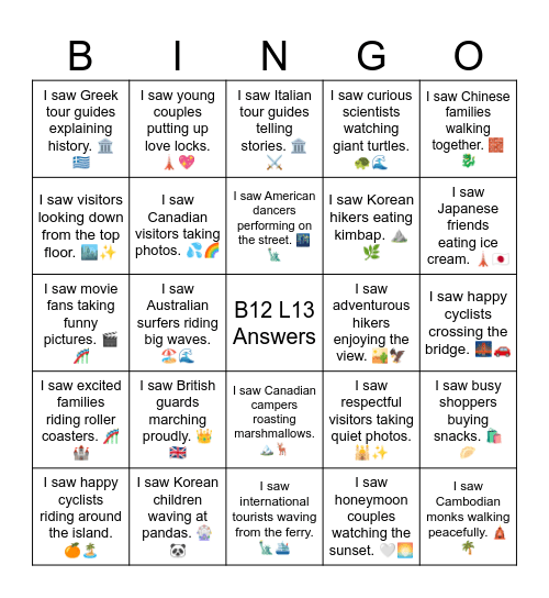 B12 L13 I saw French tourists taking selfies. 🗼🇫🇷 Bingo Card