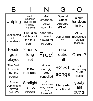 Muse - The Wow! Signal World Tour Bingo Card