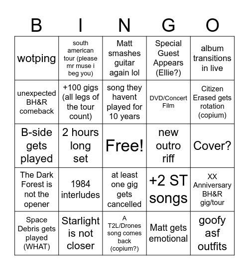 Muse - The Wow! Signal World Tour Bingo Card