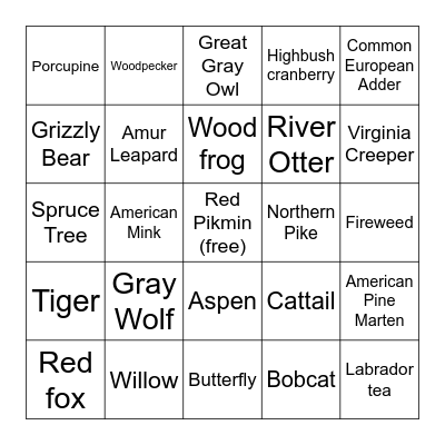 Taiga Biome Animals and Plants Bingo Card