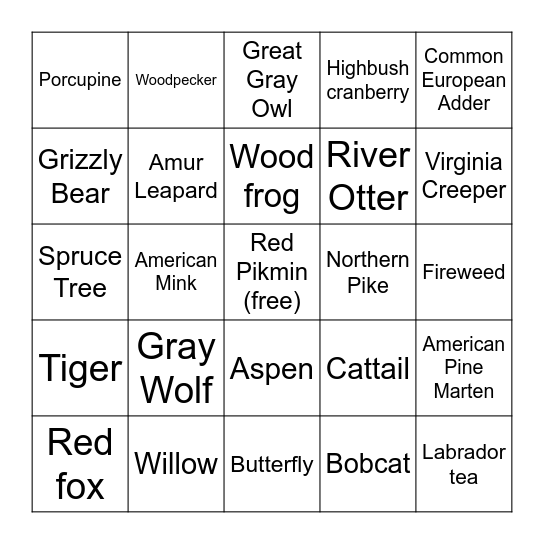 Taiga Biome Animals and Plants Bingo Card