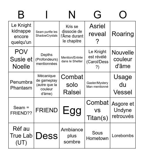 Deltarune Chapitre 6 Bingo Card