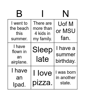 Back to School Bingo Card