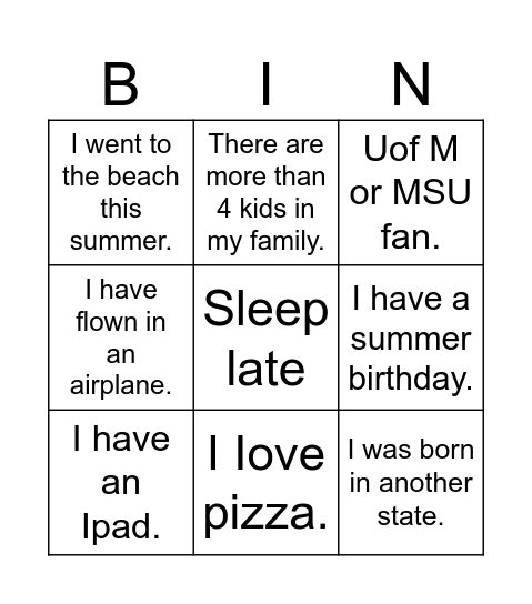 Back to School Bingo Card