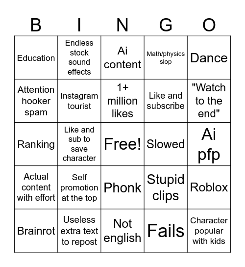 YT shorts bingo Card