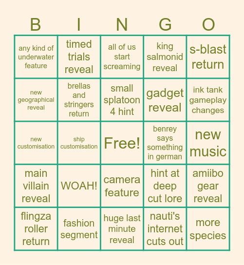 SPLATOON RAIDERS DIRECT Bingo Card