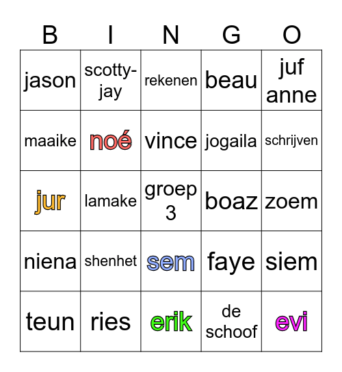 Juffendag groep 3 Bingo Card