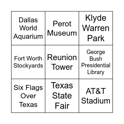 Dallas Landmarks Bingo Card