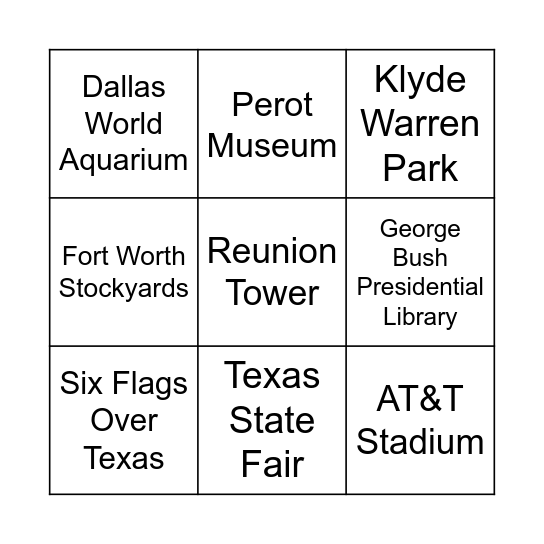 Dallas Landmarks Bingo Card
