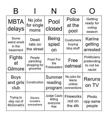 Waltham Summer Bingo Card
