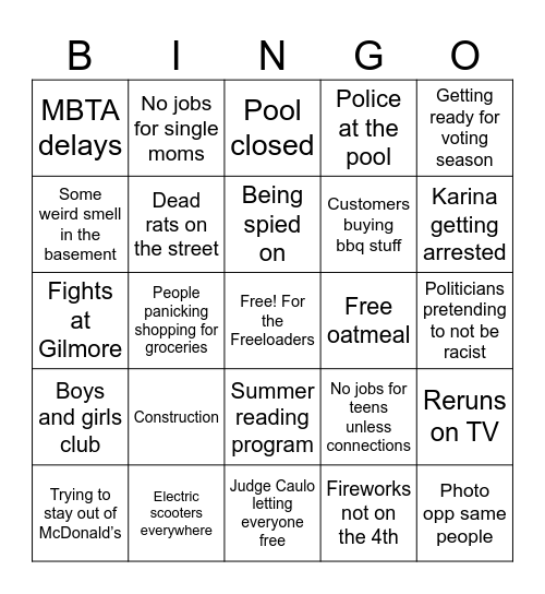 Waltham Summer Bingo Card