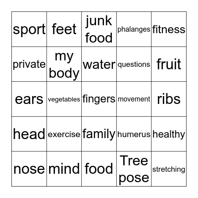 Healthy Bodies Bingo Card
