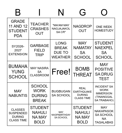 CLARET SCHOOL BINGO Card