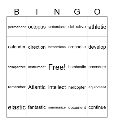Multisyllabic Words Bingo Card