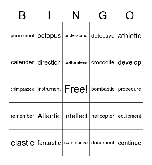 Multisyllabic Words Bingo Card