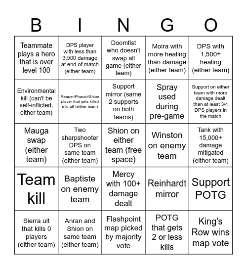 Overwatch Bingo, 6/30/26 Bingo Card