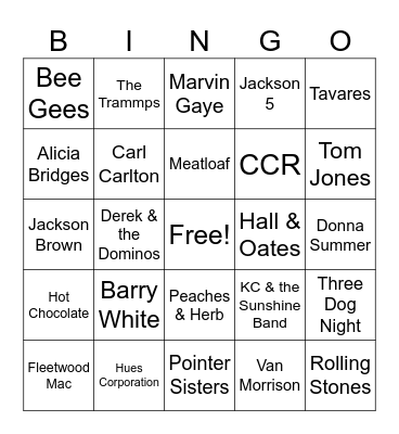 1970s Music Bingo Card