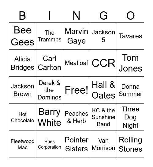 1970s Music Bingo Card