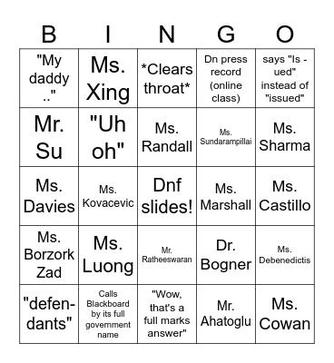 uhm Bingo Card