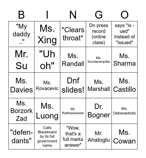 uhm Bingo Card