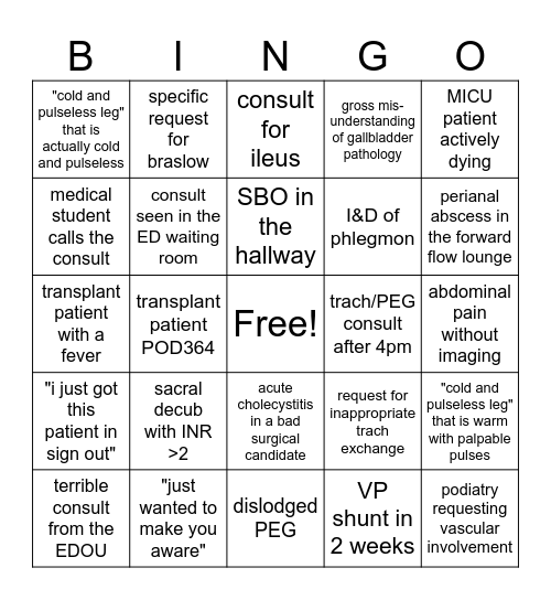 HUP Consult Bingo Card