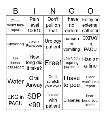 PACU Bingo Card