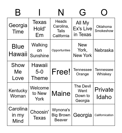 I'm Feeling Stately (states and nicknames) Bingo Card