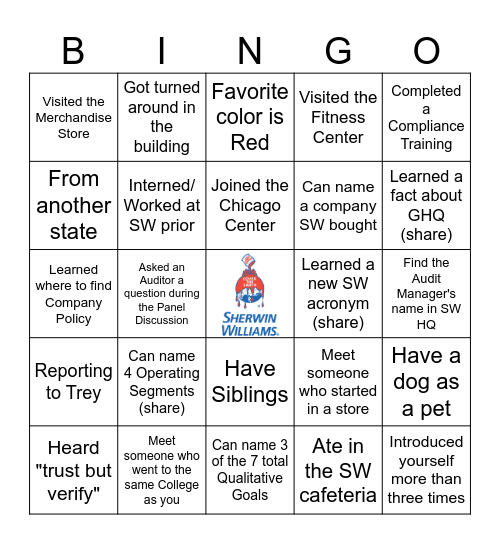 Sherwin Williams Bingo Card