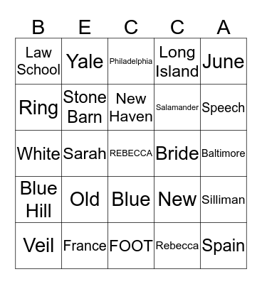 Becca's Bridal Bingo Card