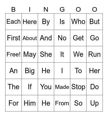Sight Words Bingo Card