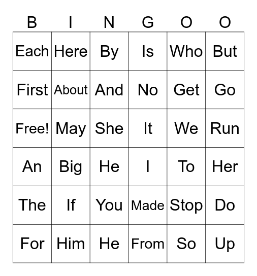 Sight Words Bingo Card