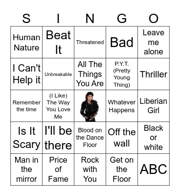 Michael Jackson SINGO Bingo Card