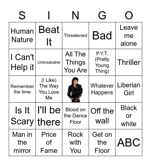 Michael Jackson SINGO Bingo Card