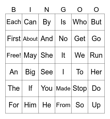 Sight Words Bingo Card