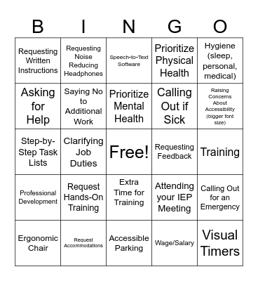 Self Advocacy & Accommodations Bingo Card