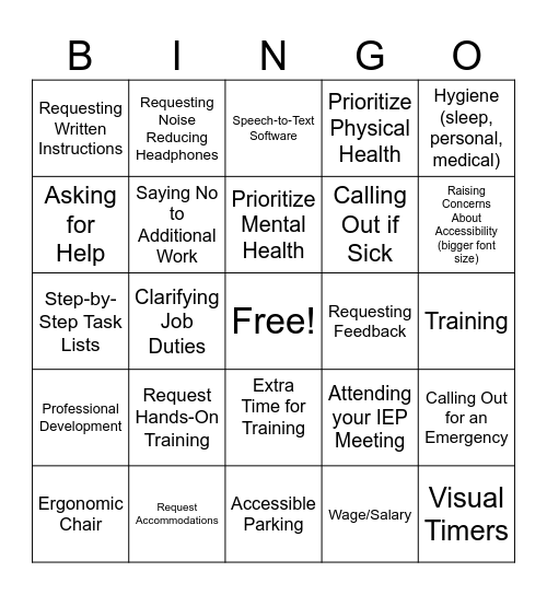 Self Advocacy & Accommodations Bingo Card