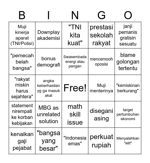 Prabowo yaps bingo card Bingo Card