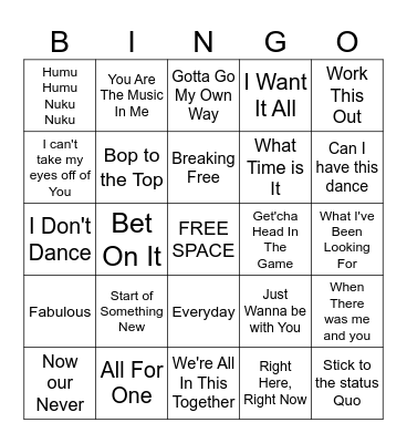 HS Musical Hits Bingo Card