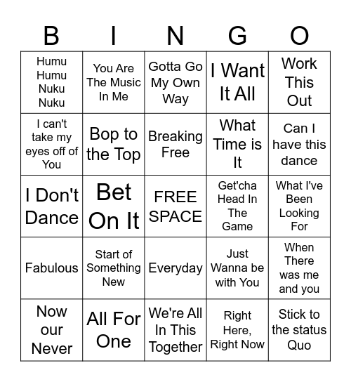 HS Musical Hits Bingo Card