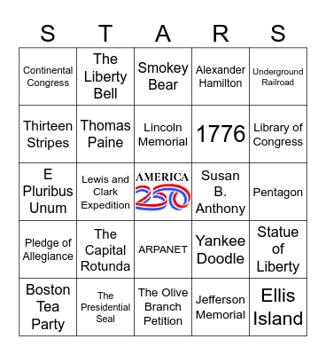 DFI Fun Committee America 250 Bingo Card