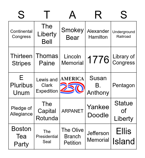 DFI Fun Committee America 250 Bingo Card